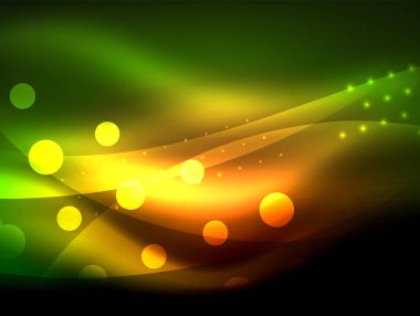 Neon dalga arka plan ışık efektleri, ışıltılı ve parlak nokta, karanlıkta, sihirli enerji parlak renkleri ile curvy hatları ile