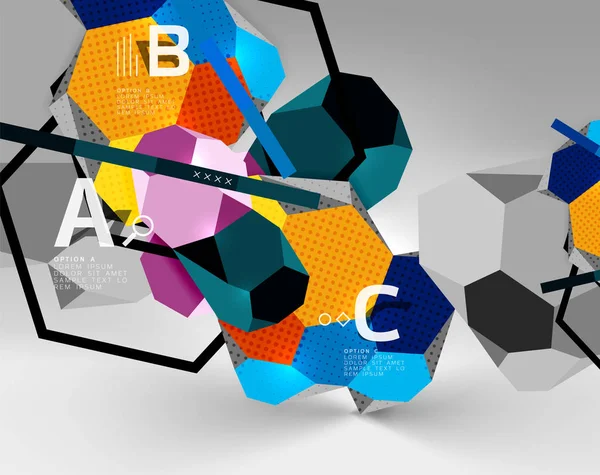 3D sechseckige geometrische Komposition, geometrischer digitaler abstrakter Hintergrund — Stockvektor