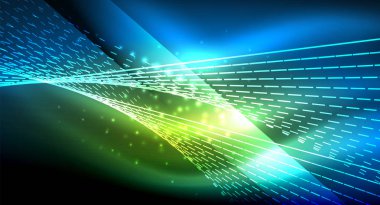 Yumuşak ışık efekti, parlak parlak neon koyu arka plan üzerinde düz çizgiler. Enerji Teknoloji fikir