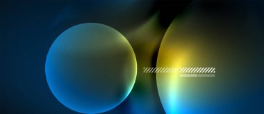 Parlayan neon şeffaf kabarcıklar arka planı. Karanlık uzayda tekno modern daireler.