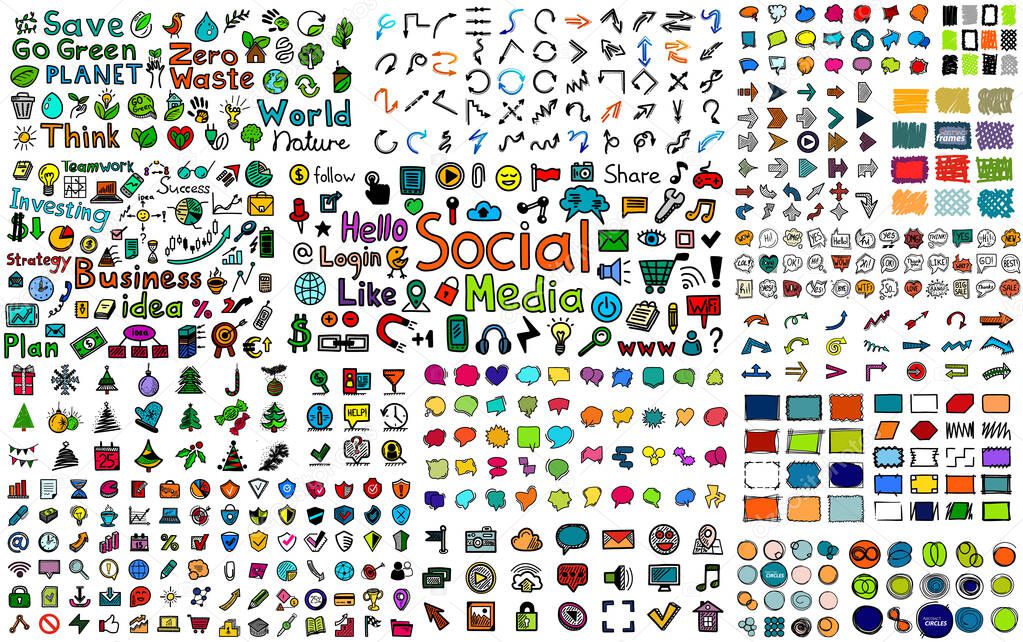 Huge mega collection of color hand drawn doodle icons - social, business, web and internet, buttons, frames, nature and ecology, speech bubbles, arrows and many other design elements. Doodles bundle.