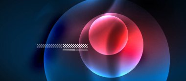 Parlayan neon şeffaf kabarcıklar arka planı. Karanlık uzayda tekno modern daireler.