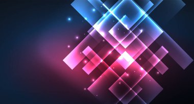 Neon parlayan tekno kare dikdörtgen çizgiler, mavi hi-tech fütüristik soyut arka plan