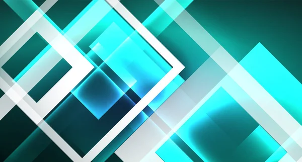 ネオン輝くテクノ正方形の長方形のライン、青いハイテク未来的な抽象的な背景 — ストックベクタ