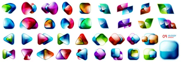 Mega kolekcja kolorowych ikon błyszczących: geometryczne kształty, płynne formy płynące, szablony tła i banerów, szklane przezroczyste przyciski — Wektor stockowy