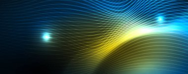 Mavi Neon renkli ışık arka planda pürüzsüz dalga hatları. Karanlık, parlak hareket, sihirli uzay ışık üzerinde parlayan soyut dalga