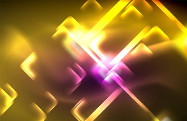 Bulanık efektler ile koyu arka planda Neon kare ve hat ışıkları