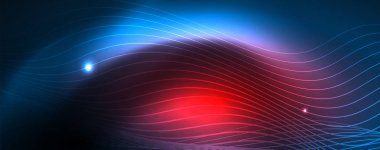 Mavi Neon renkli ışık arka planda pürüzsüz dalga hatları. Karanlık, parlak hareket, sihirli uzay ışık üzerinde parlayan soyut dalga