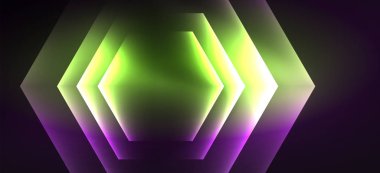 Parlak altıgen Neon şablonu. Fütüristik dijital teknoloji konsepti. Vektör soyut grafik tasarım.