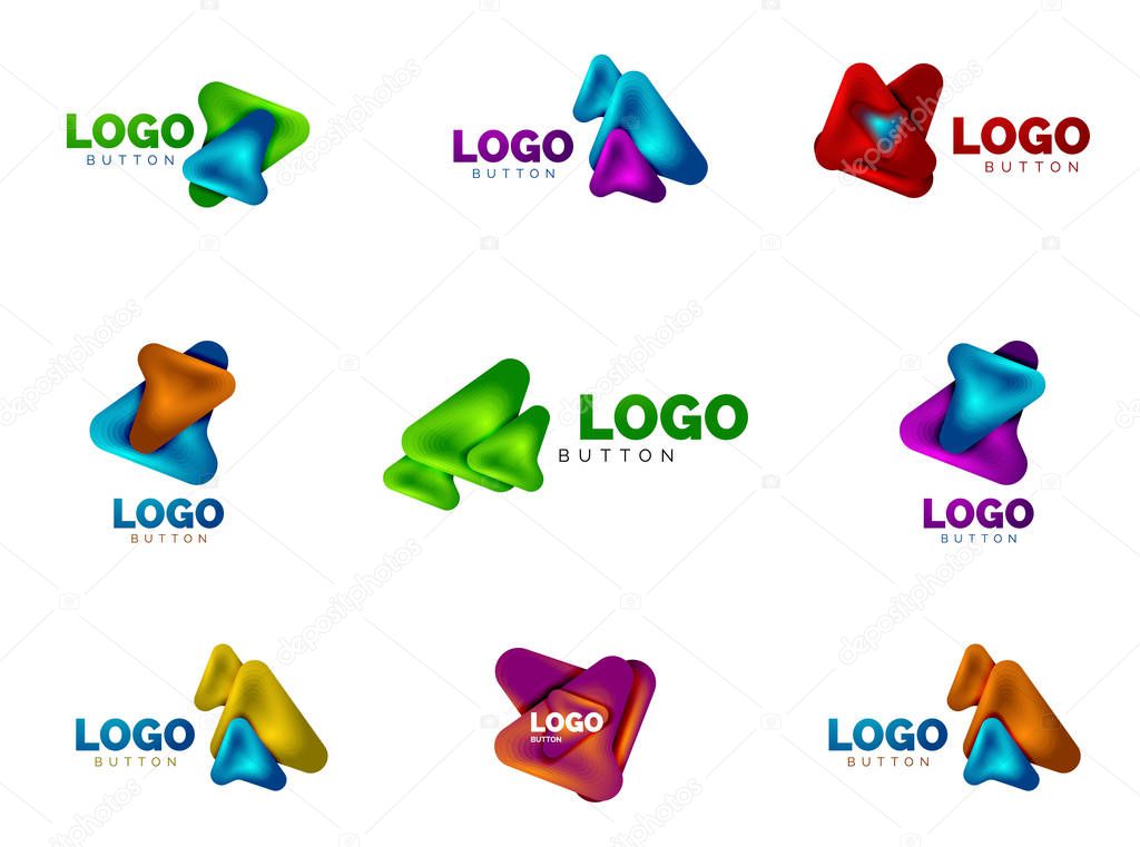 Set of Arrow logo templates. Or play or download button logotypes. Minimal geometrical designs, 3d geometric bold symbols in relief style with color blend steps effect. Vector Illustrations For