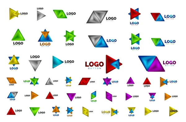Mega zestaw ikon trójkątnych geometrycznych szablonów logo. Minimalne geometryczne wzory, 3D geometryczne pogrubione symbole w stylu relief z efektem mieszanki kolorów kroków. Ilustracje wektorowe przycisku, sztandar — Wektor stockowy