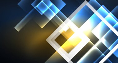 Neon parlayan tekno kare dikdörtgen çizgiler, mavi hi-tech fütüristik soyut arka plan