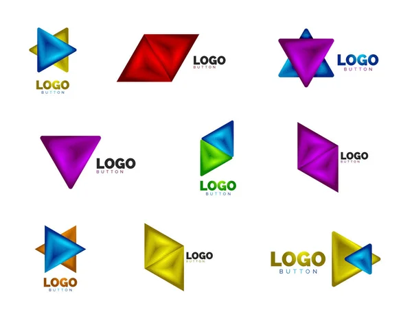 Conjunto de modelos de logotipo geométrico de ícone de triângulo. Desenhos geométricos mínimos, símbolos 3D em negrito geométrico em estilo de relevo com efeito de passos de mistura de cores. Ilustrações do vetor para o botão, bandeira, fundo —  Vetores de Stock