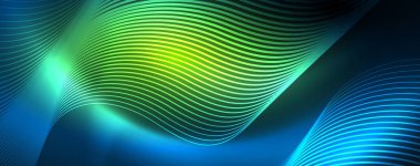 Dalgalar ve daireler ile trendy Neon mavi soyut tasarım. Neon ışık parlayan etkisi. Soyut Dijital arka plan.