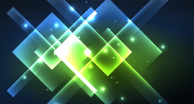 Neon parlayan tekno kare dikdörtgen çizgiler, mavi hi-tech fütüristik soyut arka plan