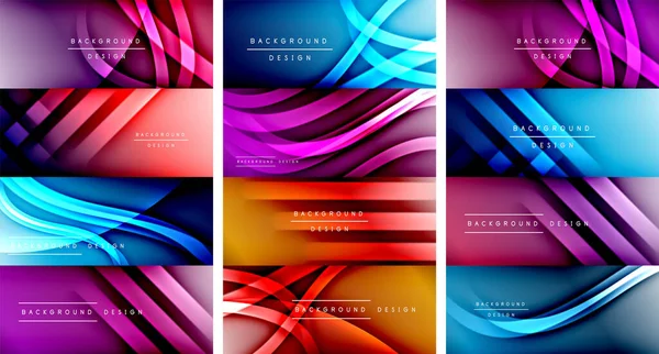 Zestaw dynamicznych modnych gradientowych kolorów płynów abstrakcyjne tła z płynącymi liniami fal. Ilustracje wektorowe — Wektor stockowy