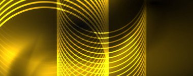 Parlak renkli neon ışıkları ve hatları ile koyu soyut arka plan. Arka planda parlayan