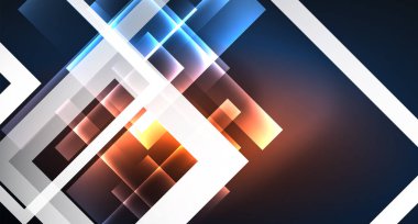 Neon parlayan tekno kare dikdörtgen çizgiler, mavi hi-tech fütüristik soyut arka plan