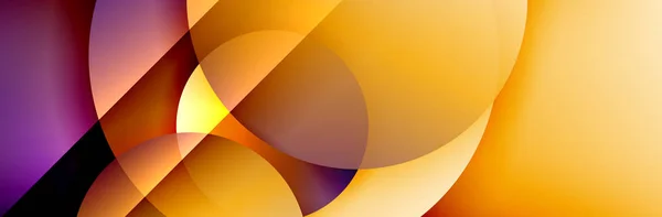 Fond abstrait géométrique dynamique et tendance. Cercles, formes rondes, effets d'ombre 3D et gradients fluides. Formes rondes modernes se chevauchant — Image vectorielle