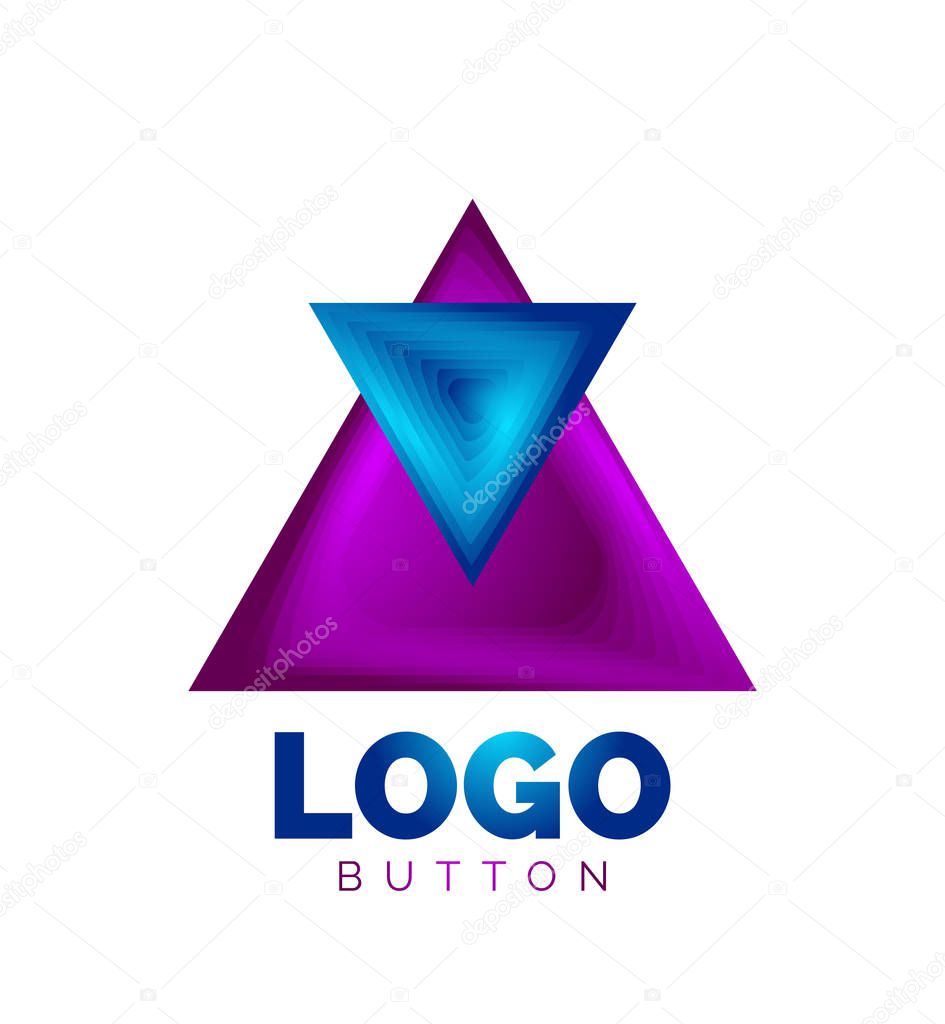 Triangle icon geometric logo template. Minimal geometrical design, 3d geometric bold symbol in relief style with color blend steps effect. Vector Illustration For Button, Banner, Background