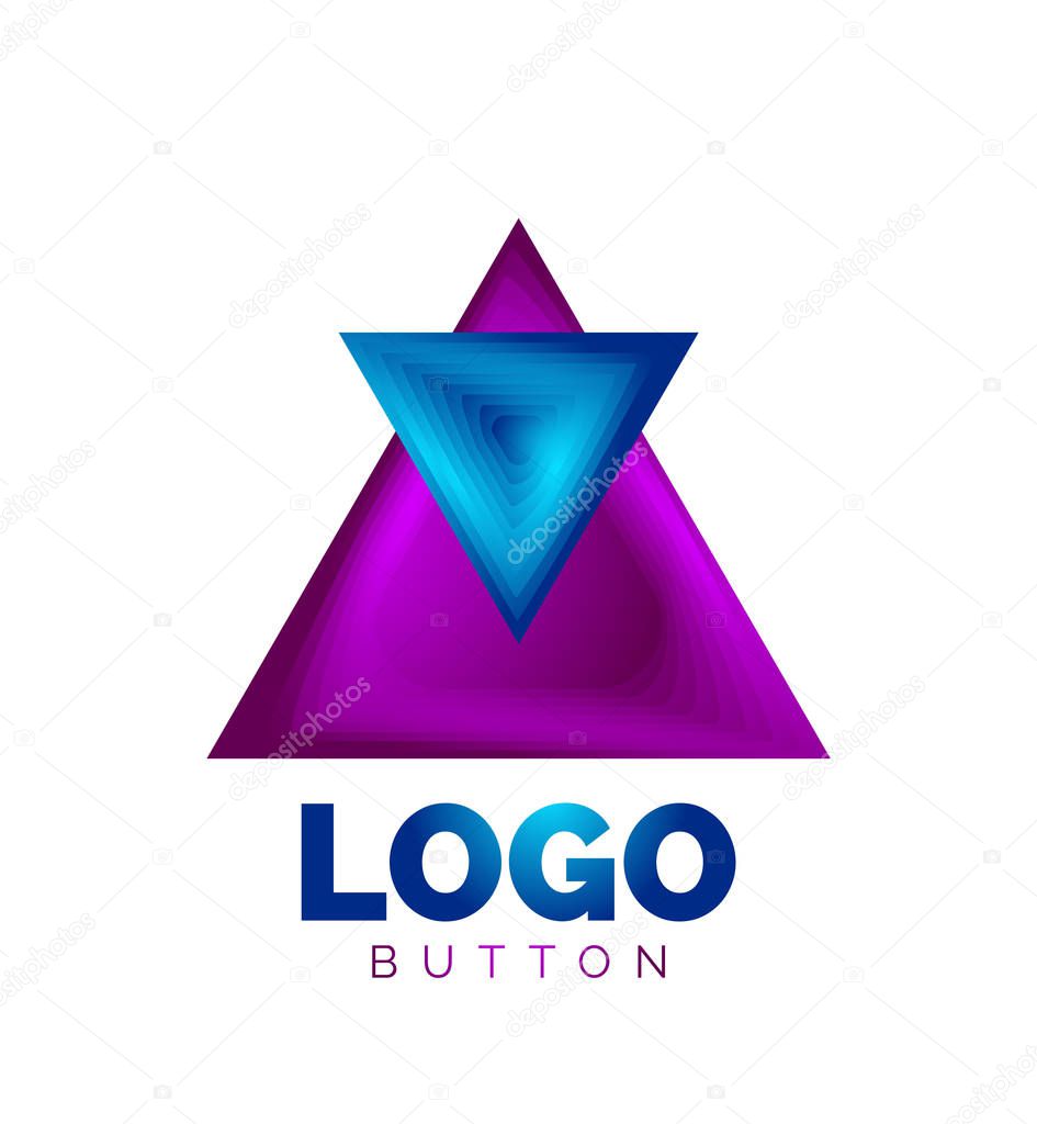 Triangle icon geometric logo template. Minimal geometrical design, 3d geometric bold symbol in relief style with color blend steps effect. Vector Illustration For Button, Banner, Background, landing