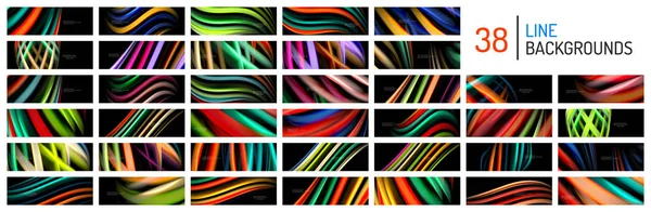 Mega коллекция шелковых и гладких волновых плакатов. Цветные волны, линии в жидком стиле и формы на черном фоне — стоковый вектор