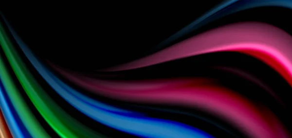 Abstract silk smooth lines on black, multicolored liquid fluid rainbow style waves on black — Stock Vector