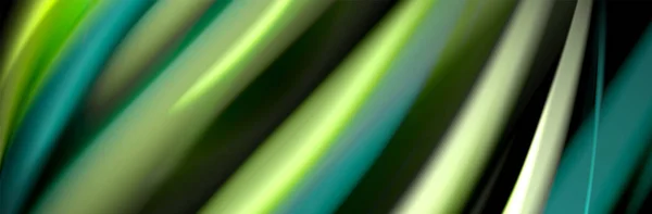 Diseño de póster de onda de flujo suave y seda. Ondas de color, líneas de estilo líquido y formas en fondo de color negro — Vector de stock