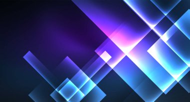 Neon parlayan tekno kare dikdörtgen çizgiler, mavi hi-tech fütüristik soyut arka plan
