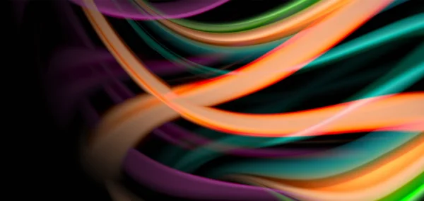 Líneas lisas de seda abstractas en negro, ondas fluidas líquidas multicolores estilo arco iris en negro — Archivo Imágenes Vectoriales