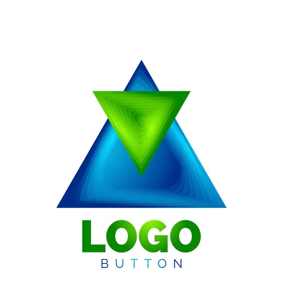 Modelo geométrico do logotipo do ícone do triângulo. Design geométrico mínimo, símbolo 3D em negrito geométrico em estilo de relevo com efeito de etapas de mistura de cores. Ilustração do vetor para o botão, bandeira, fundo — Vetor de Stock