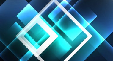 Neon parlayan tekno kare dikdörtgen çizgiler, mavi hi-tech fütüristik soyut arka plan