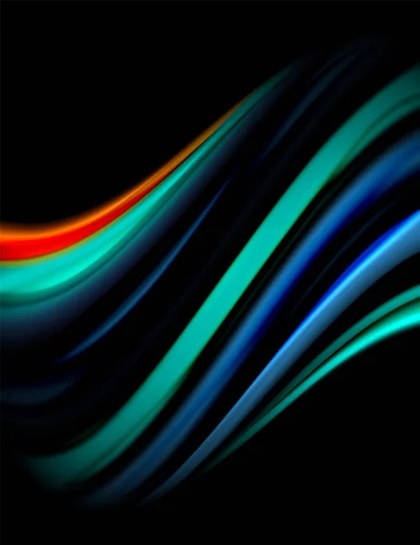 Siyah, sıvı sıvı renk dalgalarında ipeksi çizgiler. Vektör İllüstrasyonu — Stok Vektör
