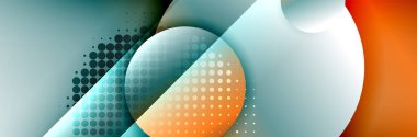 Dinamik trend geometrik soyut arka plan. Çemberler, yuvarlak şekiller üç boyutlu gölge efektleri ve sıvı eğimleri. Modern üst üste bindirme biçimleri