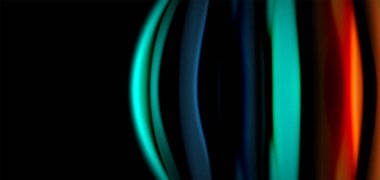 Siyah üzerine soyut ipek düz çizgiler, çok renkli sıvı gökkuşağı tarzı siyah dalgalar