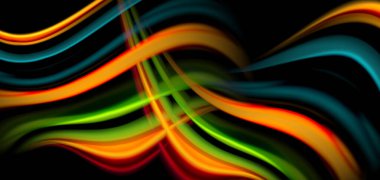 Siyah üzerine soyut ipek düz çizgiler, çok renkli sıvı gökkuşağı tarzı siyah dalgalar