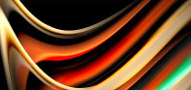 Siyah üzerine soyut ipek düz çizgiler, çok renkli sıvı gökkuşağı tarzı siyah dalgalar