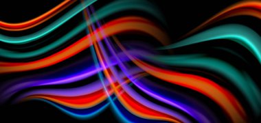 Siyah üzerine soyut ipek düz çizgiler, çok renkli sıvı gökkuşağı tarzı siyah dalgalar