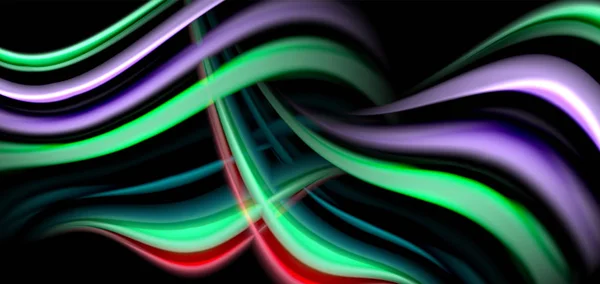 Sutra abstrak garis halus pada hitam, multicolored liquid liquid rainbow style waves on black - Stok Vektor