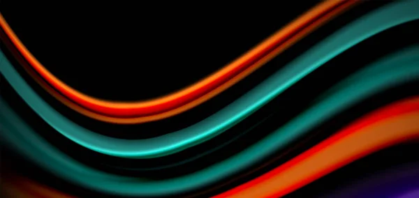 Linhas lisas de seda abstrata em preto, ondas de fluido líquido multicolorido estilo arco-íris em preto — Vetor de Stock