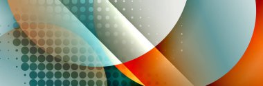 Dinamik trend geometrik soyut arka plan. Çemberler, yuvarlak şekiller üç boyutlu gölge efektleri ve sıvı eğimleri. Modern üst üste bindirme biçimleri