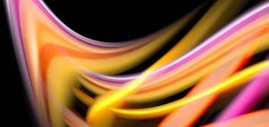 Siyah üzerine soyut ipek düz çizgiler, çok renkli sıvı gökkuşağı tarzı siyah dalgalar