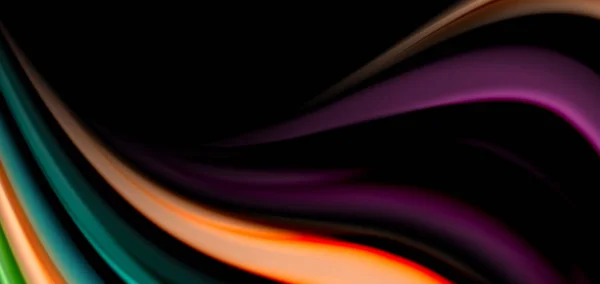 Líneas lisas de seda abstractas en negro, ondas fluidas líquidas multicolores estilo arco iris en negro — Vector de stock