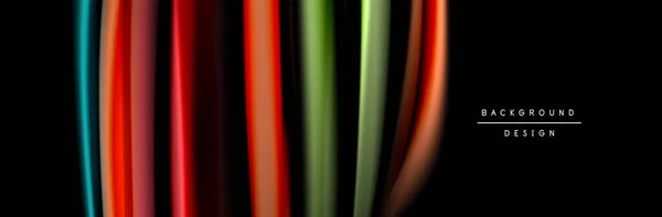 Seta e flusso liscio onda poster design. Onde di colore, linee di stile liquido e forme in sfondo di colore nero — Vettoriale Stock