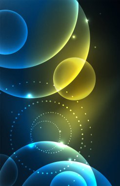 Işık efektleriyle şeffaf parlak parlak daireler. Duvar kağıdı, bayrak, arkaplan, kart, kitap illüstrasyonu, iniş sayfası için tekno fütüristik vektör soyut arkaplan