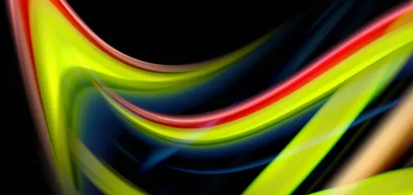 Абстрактні шовкові гладкі лінії на чорних, різнокольорових хвилях стилю рідкої веселки на чорному — стоковий вектор