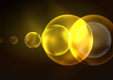 Parlayan neon parlak şeffaf kabarcıklar, cam daireler ya da biyo hücre konsepti. Duvar kağıdı, bayrak, arkaplan, kart, kitap illüstrasyonu, iniş sayfası için tekno fütüristik vektör soyut arkaplan