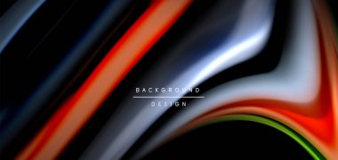 Siyah üzerine soyut ipek düz çizgiler, çok renkli sıvı gökkuşağı tarzı siyah dalgalar