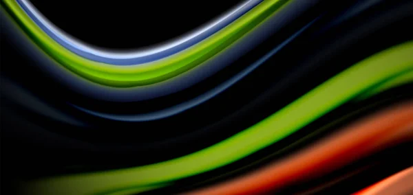 Абстрактные шелковые гладкие линии на черной, разноцветной жидкой жидкости радуги стиле волны на черном — стоковый вектор