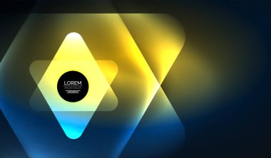 Parlayan neon parlak şeffaf soyut geometrik şekiller ve ışık efektleri. Duvar kağıdı, bayrak, arkaplan, kart, kitap illüstrasyonu, iniş sayfası için tekno fütüristik vektör soyut arkaplan